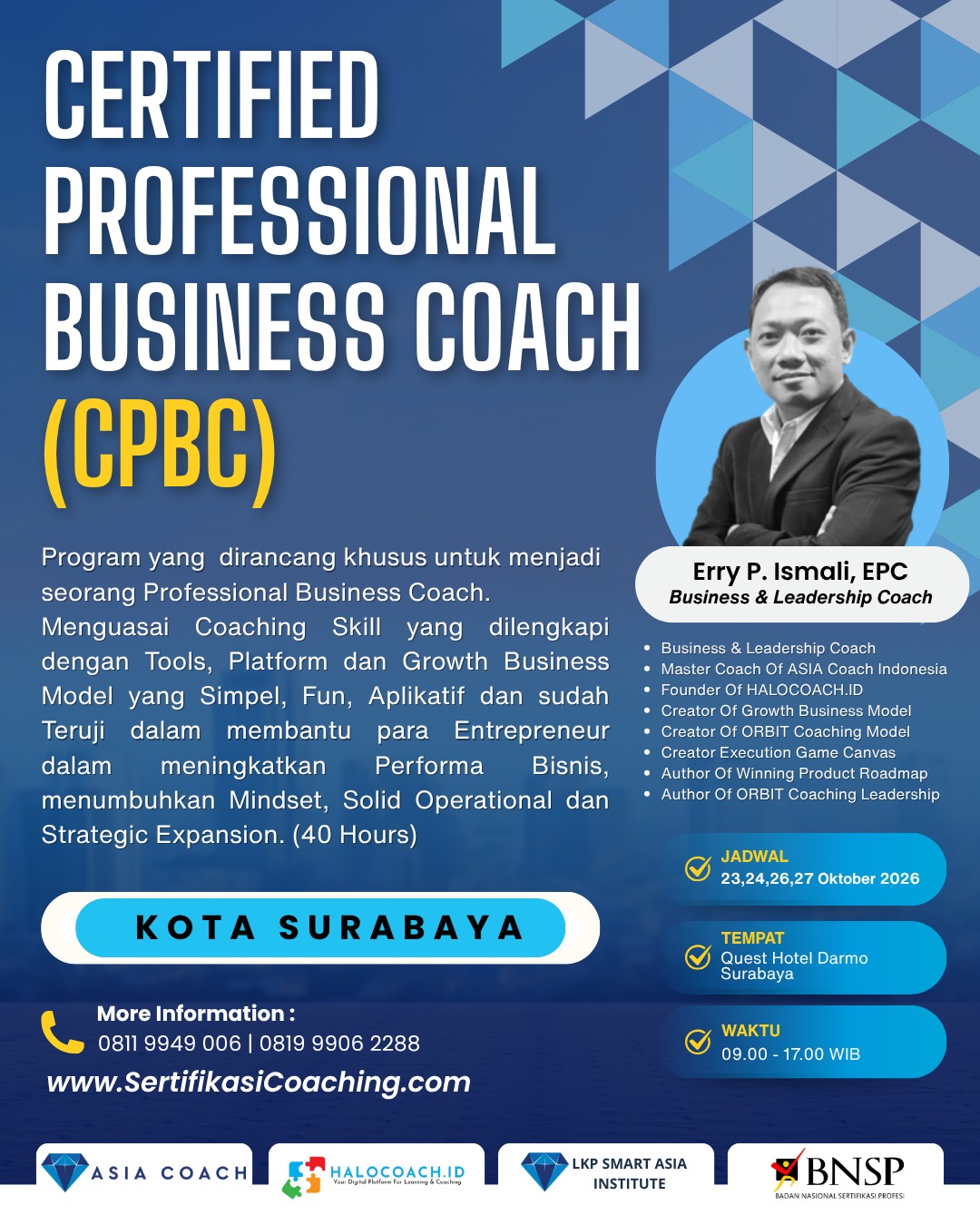 Flyer Certified Professional Business Coach CPBC Surabaya Oktober 2026